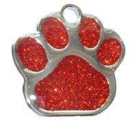 Engraved 27mm RED Glitter PAW Print Pet ID Tag - Engraved & Posted Free by M&K Supplies. Cat Dog Shape Design Identity Gift