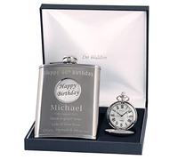 Engraved 40th Birthday Pewter 'Happy Birthday' Feature Mother of Pearl Pocket Watch and Hip Flask Gift Set
