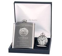 Engraved 50th Birthday Pewter Horse Racing Feature Mother of Pearl Pocket Watch and Hip Flask Gift Set