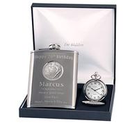 Engraved 70th Birthday Pewter Rugby Feature Pocket Watch and Hip Flask Gift Set in a Quality Box