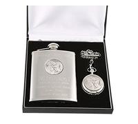 Engraved 90th Birthday Pewter Cricket Feature Mother of Pearl Pocket Watch and Hip Flask Gift Set