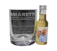 Engraved Amaretto Design Dimple Glass Tumbler & Personalised Miniature Bottle of Amaretto Almond Liqueur 28% vol For Mum & Dad (No Gift Box, Photo)