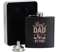 Engraved Best Dad By Par Hip Flask Gift Set | Includes Metal Presentation Tin & Filling Funnel | Matte Black Funny Golfing Flask | Father's Day Present for Dad