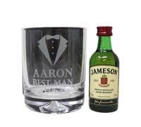 Engraved Best Man Wedding Glass Tumbler & Miniature Alcohol Gift Set For Usher | Groomsman | Groom | Father of the Bride | (Irish Whiskey 40% vol/No Gift Box)
