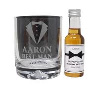 Engraved Best Man Wedding Glass Tumbler & Personalised Miniature Alcohol Gift Set For Usher | Groomsman | Groom | Father of the Bride | (Scotch Whiskey 40% vol/No Gift Box)