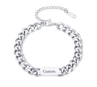 Engraved Bracelet Gifts for Men Boys - Personalised Dad Grandad Son Grandson Husband Boyfriend Gifts, Stainless Steel Curb Links Wristband Cuban Chain Bracelets for Birthday Christmas (Silver-16+4cm)