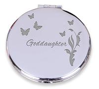 Engraved Compact Mirror for Goddaughter Silver finish Nickel Plated Pocket Makeup Mirror with Standard & Magnifying Glass Birthday Gift in Pouch