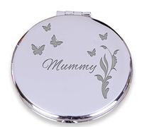 Engraved Compact Mirror for Mummy - Silver Nickel Plated Pocket Makeup Mirror with Butterflies & Leaves Design - Sentimental Gift in Pouch & Box for Birthday or Christmas