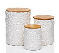 Engraved Design Kitchen Canisters Set of 3 with 74 Oz, 36 Oz, and 18 Oz - White Storage Jars for Countertop with Airtight Bamboo Lids - Large Flour Tea Coffee Sugar Spices Container - Decorative