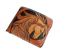 Engraved Designer Men Short Bifold Wallet Genuine Cow Leather Authentic Real Cowskin Hand Crafted Male Small Wallet Card Holders, Dark Khaki, 12cm (Length) x 9.5cm(Height) x 2cm(Deep), Retro, Classic