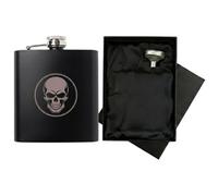Engraved Disc Skull Hip Flask Gift Set | Includes Luxury Silk Lined Box & Filling Funnel | Matte Black Geometric Tattoo Spirit Flask | Birthday & Father's Day Present for Him