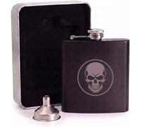 Engraved Disc Skull Hip Flask Gift Set | Includes Metal Presentation Tin & Filling Funnel | Matte Black Geometric Tattoo Spirit Flask | Birthday & Father's Day Present for Him