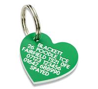 Engraved Dog tag, Deeply Engraved, Green Plastic Heart Shaped Dog tag. 30x27mm