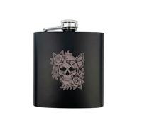 Engraved Floral Skull Black Metal Hip Flask 6oz | Rose & Botanical Tattoo Art Matte Black Flask | Birthday Gifts for Him, Father's Day, Goth | 170ml Stainless Steel Pocket Flask