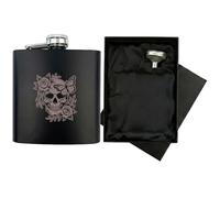 Engraved Floral Skull Hip Flask Gift Set | Includes Luxury Silk Lined Box & Filling Funnel | Matte Black Rose Tattoo Art Spirit Flask | Birthday & Father's Day Present for Him