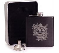 Engraved Floral Skull Hip Flask Gift Set | Includes Metal Presentation Tin & Filling Funnel | Matte Black Rose Tattoo Art Spirit Flask | Birthday & Father's Day Present for Him