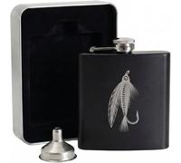 Engraved Fly Hook Hip Flask Gift Set | Includes Metal Presentation Tin & Filling Funnel | Matte Black Fly Fishing Feather Bait Flask | Father's Day Present for Dad