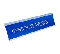 Engraved GENIUS AT WORK Desk Name Plate Plaque Office Plaque Desk Nameplate Selection Of Colours (Blue)