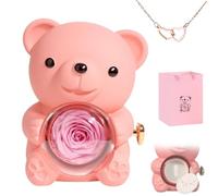 Engraved Heart Necklace With Real Rose Bear Giftbox, Preserved Hug Bear Gifts for Women, Eternal Flowers Flip Jewelry Box for Christmas, Valentine's Day, Birthday (L)