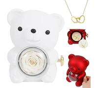 Engraved Heart Necklace - With Real Rose Bear Giftbox, Preserved Roses Bears Gift Box, Valentine’s Day Rose Gifts for Wife Girlfriend, Birthday Gifts for Women, Mother’s Day Gift for Mum (White)