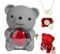 Engraved Heart Necklace - With Real Rose Bear Giftbox, Preserved Roses Bears Gift Box, Valentine’s Day Rose Gifts for Wife Girlfriend, Birthday Gifts for Women, Mother’s Day Gift for Mum (Gray)