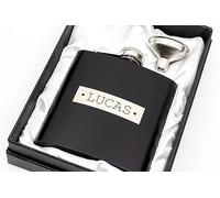 Engraved Hip Flask Gift Set, 6oz, Black/Silver, Personalized Design Options, Funnel Included (Metal Plate, 6oz Black)