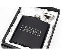 Engraved Hip Flask Gift Set, 6oz, Black/Silver, Personalized Design Options, Funnel Included (Metal Plate Outline, 6oz Black)