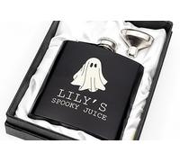 Engraved Hip Flask Gift Set, 6oz, Black/Silver, Personalized Design Options, Funnel Included (Spooky, 6oz Black)