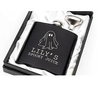 Engraved Hip Flask Gift Set, 6oz, Black/Silver, Personalized Design Options, Funnel Included (Spooky Outline, 6oz Black)