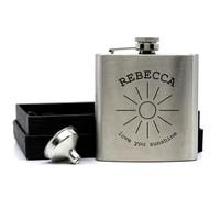 Engraved Hip Flask Gift Set, 6oz, Black/Silver, Personalized Design Options, Funnel Included (Sunshine, 6oz Silver)