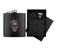 Engraved King Skull Hip Flask Gift Set | Includes Luxury Silk Lined Box & Filling Funnel | Matte Black Crown Tattoo Art Spirit Flask | Birthday & Father's Day Present for Him