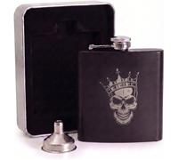 Engraved King Skull Hip Flask Gift Set | Includes Metal Presentation Tin & Filling Funnel | Matte Black Crown Tattoo Art Spirit Flask | Birthday & Father's Day Present for Him
