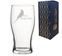 Engraved Novelty Pint Glass with Best Budgie Mum Design, Laser Engraved, Gift Box Included, Gift for Mum, Birthday Gift, Budgie Lover Gift, Funny Budgie Gift, Add an Optional Personalised Message