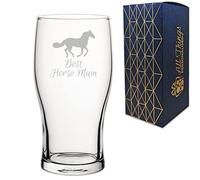 Engraved Novelty Pint Glass with Best Horse Mum Design, Laser Engraved, Gift Box Included, Gift for Mum, Birthday Gift, Horse Lover Gift, Funny Horse Gift, Add an Optional Personalised Message