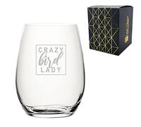 Engraved Novelty Stemless Wine Glass with Crazy Bird Lady Design, Laser Engraved, Gift Box Included, Budgie Lover Gift, Add an Optional Personalised Message