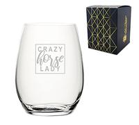Engraved Novelty Stemless Wine Glass with Crazy Horse Lady Design, Laser Engraved, Gift Box Included, Horse Lover Gift, Add an Optional Personalised Message