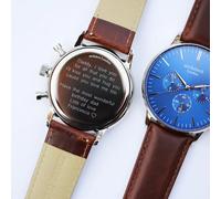 Engraved Personalised Men's Watch Blue Face Brown Walnut Strap Birthday Gift