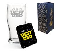 Engraved Pint Glass and Coaster Gift Set with Best Dad Space, Present for Him, Fathers Day, Gift Boxed, MDF Drinks Coaster, Beer Gift