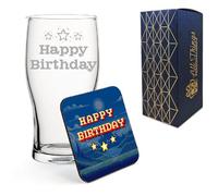 Engraved Pint Glass and Coaster Gift Set with Pixel Happy Birthday, Gamer Birthday Present, Gift for Him, Gift Boxed, MDF Drinks Coaster