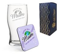 Engraved Pint Glass and Coaster Gift Set with Worlds Best Mum, Mothers Day Gift, Birthday Present for Her, Gift Boxed, MDF Drinks Coaster