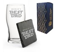 Engraved Pint Glass and Slate Coaster Gift Set with Best Dad Space, Present for Him, Fathers Day, Gift Boxed, Drinks Coaster, Beer Gift