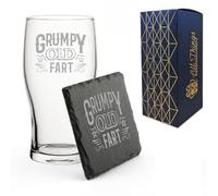 Engraved Pint Glass and Slate Coaster Gift Set with Grumpy Old Fart, Funny Present for Him, Fathers Day, Grandad Gift, Gift Boxed, Drinks Coaster, Beer Gift