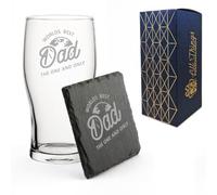 Engraved Pint Glass and Slate Coaster Gift Set with Worlds Best Dad, Fathers Day Gift, Birthday Present for Him, Gift Boxed, Drinks Coaster, Beer Gift