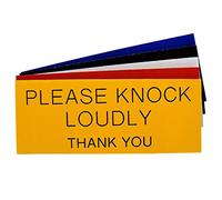 Engraved Plaque Please Knock Loudly Thank You, Letter Box Door Sign 125mm x 50mm (White with Red Text)