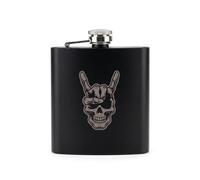 Engraved Rocker Skull Black Metal Hip Flask 6oz | Heavy Metal Music Tattoo Art Matte Black Flask | Birthday Gifts for Him, Father's Day, Gigs | 170ml Stainless Steel Pocket Flask