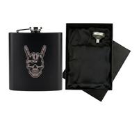 Engraved Rocker Skull Hip Flask Gift Set | Includes Luxury Silk Lined Box & Filling Funnel | Matte Black Heavy Metal Tattoo Spirit Flask | Birthday & Father's Day Present for Him