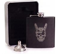Engraved Rocker Skull Hip Flask Gift Set | Includes Metal Presentation Tin & Filling Funnel | Matte Black Heavy Metal Tattoo Spirit Flask | Birthday & Father's Day Present for Him