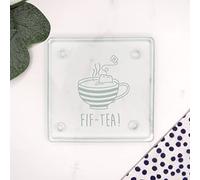 Engraved Square Glass Coaster -"FIF-TEA" Design - 50th Milestone Birthday Gifts for Men, Him - Fiftieth Gift for Friend, Brother, Son, Dad, Husband - Drinks Mat