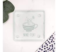 Engraved Square Glass Coaster -"NINE-TEA" Design - 90th Milestone Birthday Gifts for Men, Him - Ninetieth Gift for Friend, Grandad, Dad, Husband - Drinks Mat