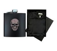 Engraved Traditional Skull Hip Flask Gift Set | Includes Luxury Silk Lined Box & Filling Funnel | Matte Black Tattoo Art Spirit Flask | Birthday & Father's Day Present for Him